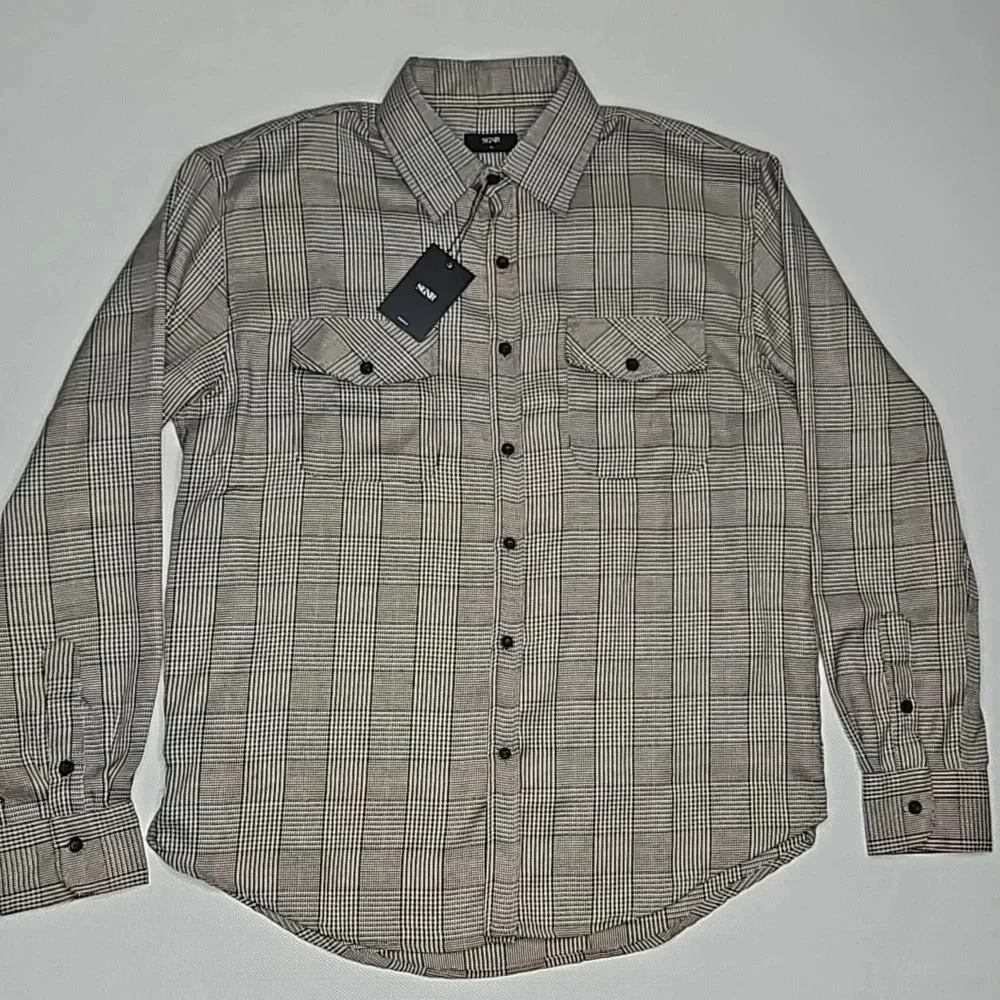 NWT SGNR Plaid Men's Button Up Black and‎ White Plaid Houndstooth Red Stripe XL